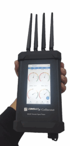 CellScout handheld 4G/5G network surveyor showing real-time signal metrics on touchscreen with external antennas