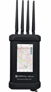 CellScout handheld 4G/5G network surveyor displaying real-time GPS mapping on touchscreen