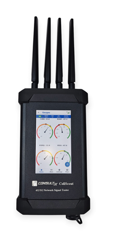 CellScout 4G/5G Smart Network Surveyor handheld RF signal tester with touchscreen and external antennas